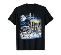Wolf Pair Aurora Moon Retro Wildlife Nature Art T-Shirt
