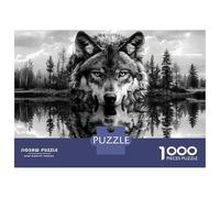 Wolf Pattern 1000 Piece Jigsaw Puzzle Paper for Adults Black White Forest Lake Reflection Relaxing Focus Family Home Gift 52x38cm/1000pcs