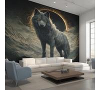 Wolf Photo Wallpaper for Bedroom, Total Solar Eclipse Wild Animal Wall Mural for Living Room, Gray Black Gold Wallpaper 250x175 Nonwoven Wall Paper Home Decor W44