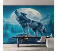 Wolf Photo Wallpaper, Full Moon Wolf Howl Wallpaper Mural, 200x140cm Wall Paper for Bedroom Living Room, Non-Woven Wall Mural Room Decor EL&D64