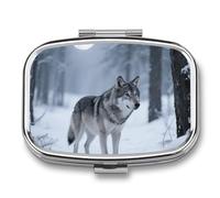 Wolf Pill Box 2 Compartment Square Metal Pill Organizer Portable Mini Travel Medicine Case with Mirror Cute Medicine Container Holder for Pocket Purse