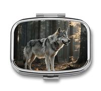 Wolf Pill Box 2 Compartment Square Metal Pill Organizer Portable Mini Travel Medicine Case with Mirror Cute Medicine Container Holder for Pocket Purse