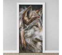 Wolf Portrait 3D Door Stickers Self Adhesive, Ethnic Native Indian Animal Wallpaper Peel and Stick, Animals Photography Door Murals, PVC Waterproof Door Decal for Bedroom Living Room 77x200 cm A5j06