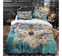 Wolf portrait 3D Print 3-Piece Bed Cover Floral art style Comforter Cover Set Hypo-allergenic Microfiber Concealed Zipper Anti-Bacterial for Teens Adults King（220x240cm）