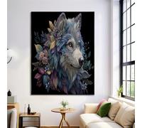 Wolf Portrait Leaves Canvas Wall Art, Interesting Animals Artwork with Blue And White Tone for Living Room Bedroom Bathroom, 39 x 28 in, Unframed