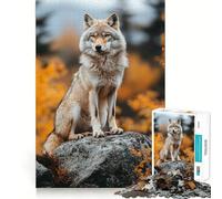 Wolf Portrait on Rock in Autumn 1000 Piece Jigsaws for Adults Brain Sharp Game Smooth Burr Free Surface Fascinating Hobby for Idle Moments (50x75cm)