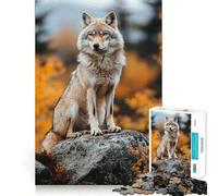 Wolf Portrait on Rock in Autumn Puzzles for Adults 1000 Pieces Mental Boost Play Neat Cut Perfect Alignment Bonding Activity for Loved Ones (38x26cm)