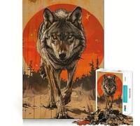 Wolf Portrait Red Sun Jigsaw Puzzle 1000 Logic Thinking Play Expert Cutting Craftsmanship Quiet Time Mind Exercise at Home (38x26cm)