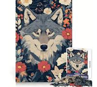 Wolf Portrait Surrounded by Flowers 1000 Piece Jigsaw Puzzles for Adults Teenagers Thought Training Mindful Leisure Uniform Cut Bday Surprise (50x75cm)