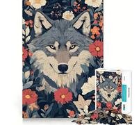 Wolf Portrait Surrounded by Flowers 1000 Piece Jigsaws for Adults Brain Training Fun Clean Cut Sturdy Components Calming Mental Break Activity (38x52cm)