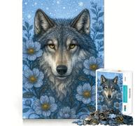 Wolf Portrait with Blue Flowers 1000 Piece Jigsaw Puzzles Memory Train Fun Smooth Burr Free Surface Entertaining Challenge for Spare Time (38x26cm)