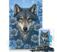 Wolf Portrait with Blue Flowers 1000-piece Puzzle for Teenagers Focus Memory Game Professional Grade Cutting Relaxing Indoor Group Activity (50x75cm)
