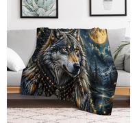 Wolf Portrait with Dreamcatcher Elements Throw Blanket, Soft Home Decor | 280g flannel throw for sofa and bed; soft and easy to use every day, with a colourful home accent as a housewarming gift.