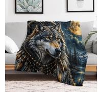 Wolf Portrait with Dreamcatcher Elements Throw Blanket, Soft Home Decor | Cosy sofa blanket for sofa and bed; easy to fold, carry and store, with a decorative printed surface for housewarming gift.