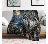 Wolf Portrait with Dreamcatcher Elements Throw Blanket, Soft Home Decor | Soft bed blanket for bedroom decor; easy to fold, carry and store and a full-colour printed design.