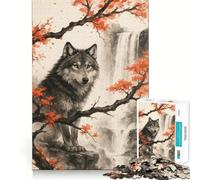 Wolf Portrait with Waterfall And Foliage 1000 Piece Teenager Puzzles Cognitive Train Game Zero Gap Compact Fun for Family Game Time (38x26cm)