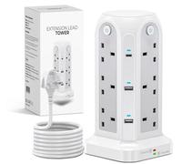 Wolf Power Tower Extension Lead with USB Slots, 18-IN-1 Surge Protected Lead with 2M Extension Cable, 12 UK Plug Sockets, 2 USB-C & 4 USB-A Ports, 4 Switches, Ideal for Home, Office & Workshop