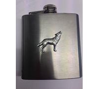 Wolf PP-A26 English Pewter Emblem on a 6oz Stainless Steel Hip Flask with Captive Top