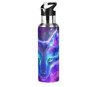 Wolf Print Galaxy Animal Water Bottle Drink Flask with Straw Lid Insulated Stainless Steel Thermos Bottle for Boys Girls Gym Sports Leakproof 600 ml