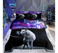 Wolf quilted Set Bed Decor 3D Galaxy Wolf For Kids Boys Girls Decor Cool Wildlife Bedspread Double Size Purple Starry Night Winter Summer Decor