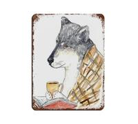 Wolf Reading Book Watercolor Retro Poster Metal Tin Sign Chic Art Retro Iron Painting Bar People Cave Cafe Family Garage Poster Wall Decoration 12x16inch(30x40cm)