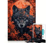 Wolf Red Moon Animal Jigsaw Puzzle 1000 Piece Mind Train Fun Burr Free Clean Cut Pieces Absorbing Activity for Quiet Nights (50x75cm)