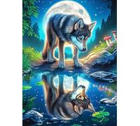 Wolf Reflected in Water Under The Moon 500 Pieces Classic Jigsaw Puzzle Wildlife Pet Puzzle for Adults Decompression Wall Art Mental Exercise Lightweight Recycled Material 500 PCS
