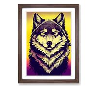 Wolf Retro Art Framed Print | A2 Walnut Framed Wall Art | Ready to Hang | Retro Animal Picture | Living Room Bedroom Lounge Office