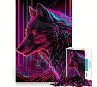 Wolf Retrowave Cyberpunk Jigsaw Puzzle 1000 Piece Cognitive Fun Play Precise Interlock Structure Bonding Activity for Loved Ones (38x52cm)