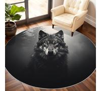 Wolf Round Area Rug 60cm, Wolf Rug, Black and White Animals Circle Rugs, Low-Pile Round Rugs for Kitchen Dining Living Room Bathroom Beneath the Furniture
