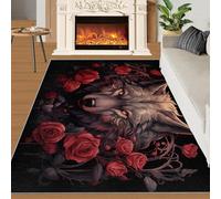 Wolf Rug 100x150 Area Rugs, 3D Red Rose Stain Resistant Rugs for Bedroom, Brown Wolf Head Washable Area Rugs, Safari Animals Print Non Slip Indoor Rugs for Living Room