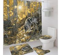 Wolf Shower Curtain Set, Golden Yellow Autumn Forest Bathroom Decor, Rustic Wilderness Waterproof Fabric Shower Curtain with Hooks, Nature Themed Bathroom Accessories 72x72 Inch