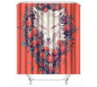 Wolf Shower Curtains Set Mould Mildew Proof Resistant 200 x 220 cm (78.9x86.7Inch), Red Flower Animal Wolf Bathroom Curtains Washable Polyester with 16 Hooks for Wet Room Tub