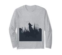 Wolf Silhouette Howling at Crescent Moon Wildlife Long Sleeve T-Shirt