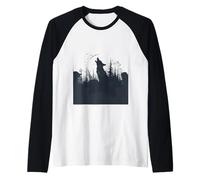 Wolf Silhouette Howling at Crescent Moon Wildlife Raglan Baseball Tee