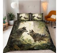 Wolf Single Duvet Cover Set, Jungle Animal Wolf Duvet Cover 155x220cm Bedding Set 3 Piece Soft Microfiber Quilt Covers Sets with Zipper Closure with 2 Pillowcase