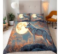 Wolf Single Duvet Cover Set, Starry Night Moon Animal Wolf Kid's Duvet Cover 150x200cm, Beddding Sets Microfiber 3 Piece Comforter Covers Set with Zipper Closure with 2 Pillowcase