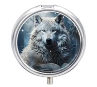 Wolf Sitting in The Snow Pill Box Portable Pill Organizer with 3 Compartment and Small Mirror Travel Pillcase for Pocket Or Purse Round Medicine Organizer Decorative Vitamin Organizer