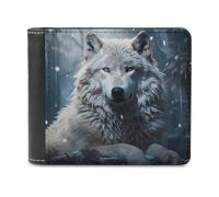 Wolf Sitting in The Snow Wallet Passcase for Men, Extra Capacity Bifold Leather Wallets with ID Windows, Slim Stylish Wallet for Gift, Blocking Money Clip for Cards, Coin Pouch