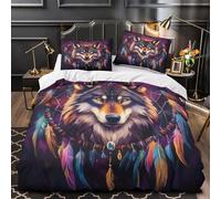 Wolf spirit 3D Printed 3-Piece Comforter Cover Native art style Bed Cover Set 3D Print Ultra Soft Microfiber Concealed Zipper for Toddlers Kids Teens King（220x240cm）
