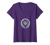 Wolf Spirit: Mystical Emblem for Nature Enthusiasts V-Neck T-Shirt, Women, Purple, L