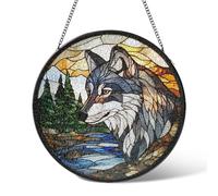 Wolf Stained Glass Window Hanging Art Decorations,Wild Wolf Suncatcher Garden Decor Birthday Gifts,Sun Catchers Home Decoration for Bedroom Kitchen Windows,Father's Day for Men 9.8 IN