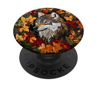 Wolf Surrounded By Autumn Leaves Round Art PopSockets Adhesive PopGrip