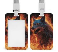 Wolf Surrounded by Fire Badge Holder with Lanyard - Waterproof Hard Plastic ID Card Holder Professional Name Tag Vertical ID Card Name Badge for Office Nurse Doctor Teacher