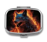 Wolf Surrounded by Fire Pill Box 2 Compartment - Small Metal Medicine Organizer Portable Pill Case for Purse Pocket Travel Vitamin Organizer for Men Women, BPA-Free