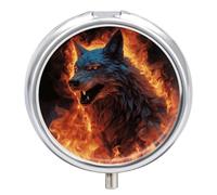 Wolf Surrounded by Fire Round Pill Box 3 Compartment Medicine Pill Organizer with Mirror Travel Small Pill Case Cute Vitamin Organizer Portable Daily Pill Container for Pocket Purse