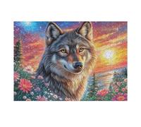 Wolf Surrounded by Flowers And Colorful Sky 300 Pieces Jigsaw Puzzle For Men Educational Decompression Adults Anxiety Memory Care Mothers Valentines Premium 300 PCS