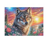 Wolf Surrounded by Flowers And Colorful Sky 500 Piece Complete DIY Jigsaw Puzzle Collectors Mind Relaxation Educational Decorative Puzzle Gifts for Adults Recycled Cardboard 500 PCS
