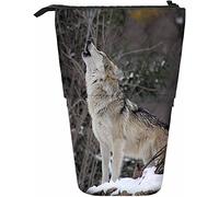 Wolf Telescopic Pencil Stationery Case Pens Storage Box with Zipper Closure for Women Men Boys Girls Snow Howling Furry Nature Branch Wild Wood Single Foliage Body Predator Mammal