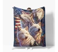 Wolf Throw Blanket American Flag Wolves Warm Decor Soft Flannel Blanket Wolf Gifts for Kids Boys Girls Men Women 40" X 50"